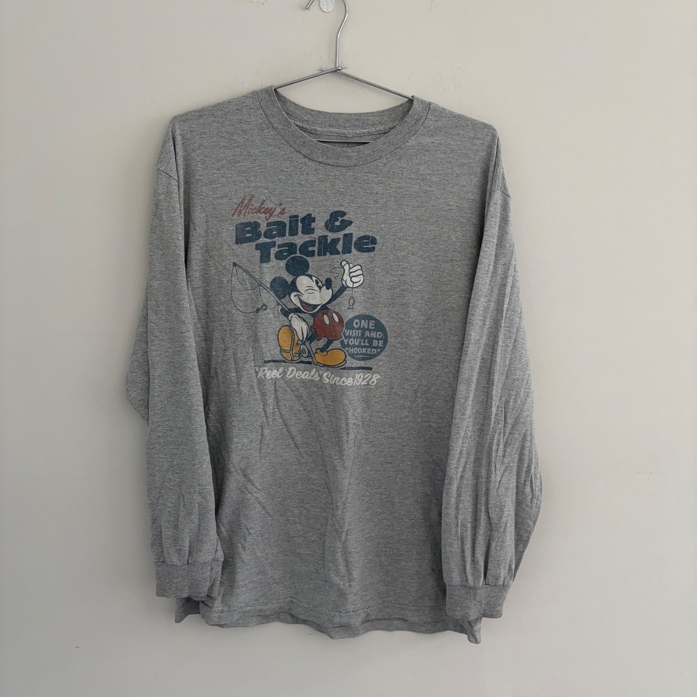 Disney Mickey Mouse Bait & Tackle Graphic Long Sleeve Shirt Gray Mens